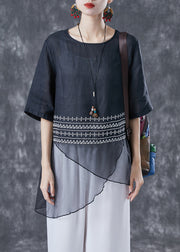 Elegant Black Embroideried Tulle Patchwork Linen Top Summer