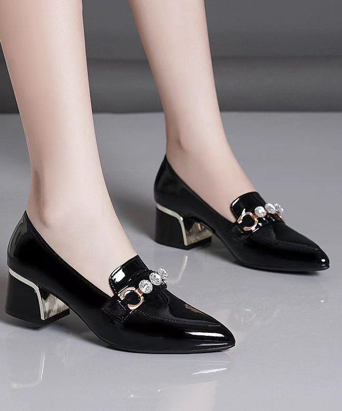 Elegant Black Faux Leather Zircon Pointed Toe Chunky Heel