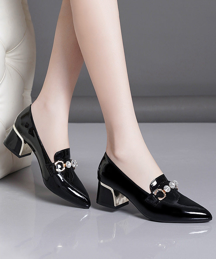 Elegant Black Faux Leather Zircon Pointed Toe Chunky Heel
