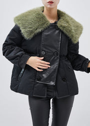 Elegant Black Fur Collar Patchwork Fine Cotton Filled Women Witner Coats