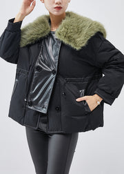 Elegant Black Fur Collar Patchwork Fine Cotton Filled Women Witner Coats