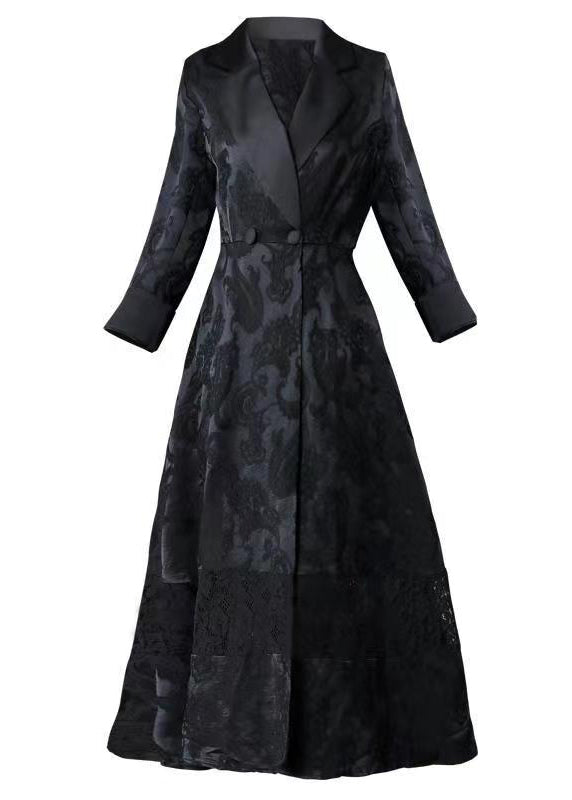 Elegant Black Hollow Out Jacquard Pockets Cotton Trench Fall