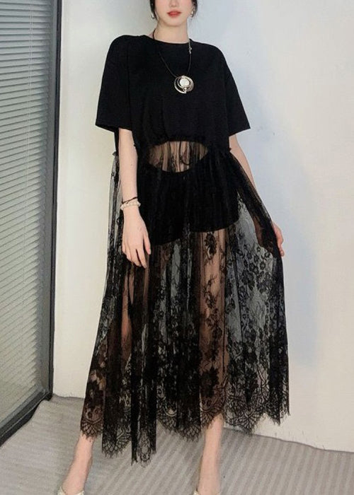 Elegant Black Hollow Out Lace Patchwork T Shirt Dress Summer