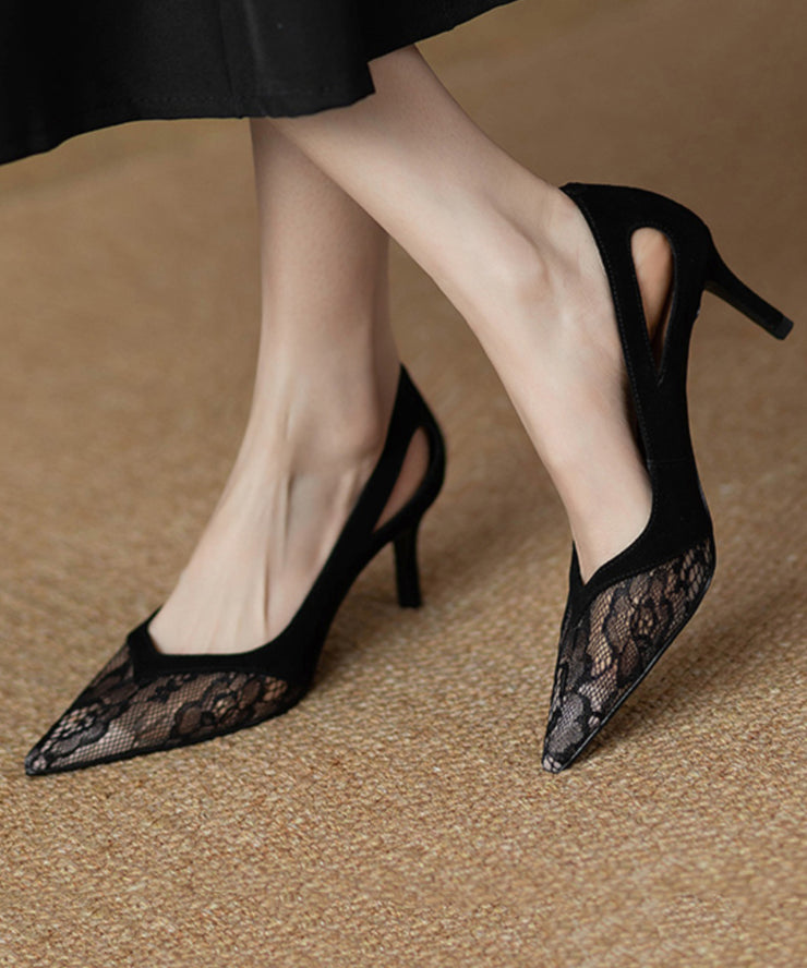 Elegant Black Hollow Out Lace Pointed Toe Stiletto High Heels