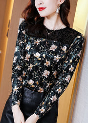 Elegant Black Hollow Out Patchwork Lace Print Silk Velour Shirt Tops Spring