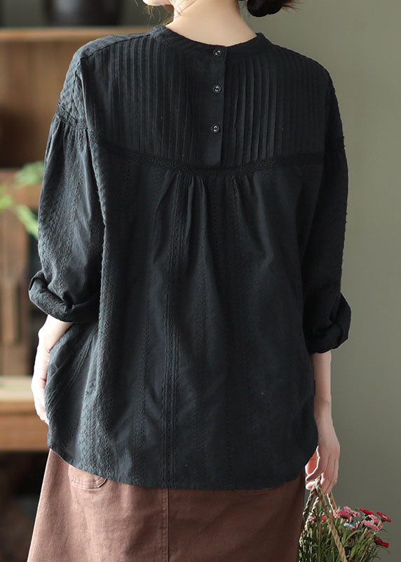 Elegant Black Hollow Out Wrinkled Cotton Shirt Top Spring