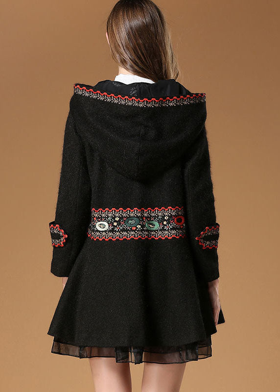 Elegant Black Hooded Embroideried Woolen Coat Winter