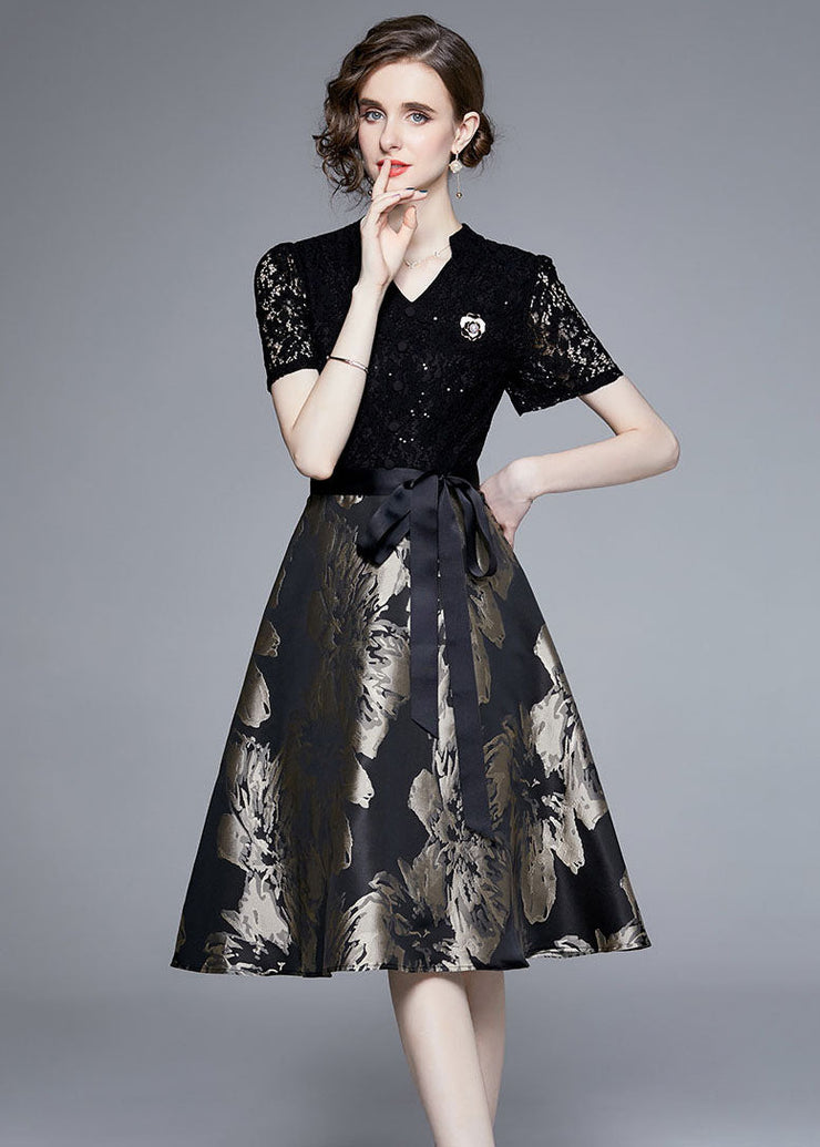 Elegant Black Lace Jacquard Patchwork Tie Waist Silk Mid Dress Summer