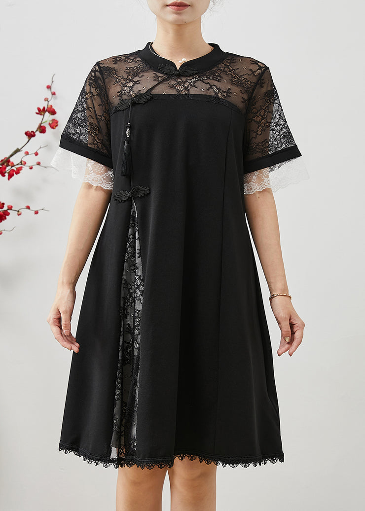 Elegant Black Lace Patchwork Side Open Spandex Holiday Dress Summer