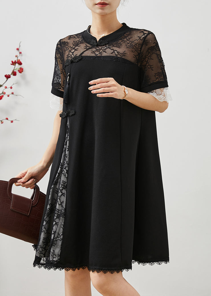 Elegant Black Lace Patchwork Side Open Spandex Holiday Dress Summer