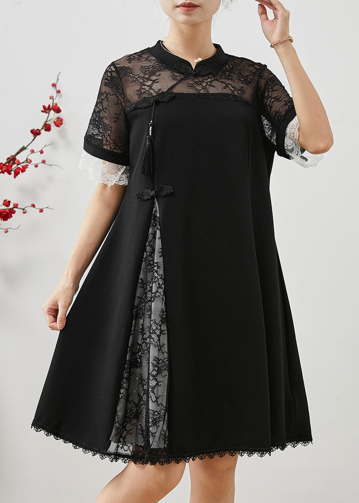 Elegant Black Lace Patchwork Side Open Spandex Holiday Dress Summer