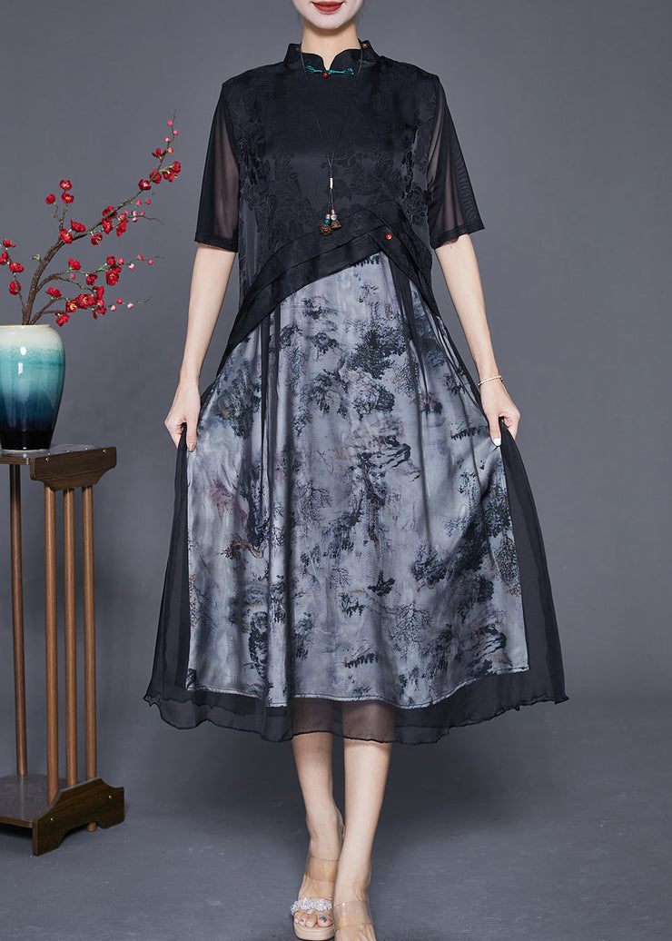 Elegant Black Mandarin Collar Patchwork Print Chiffon Dresses Summer