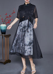 Elegant Black Mandarin Collar Patchwork Print Chiffon Dresses Summer