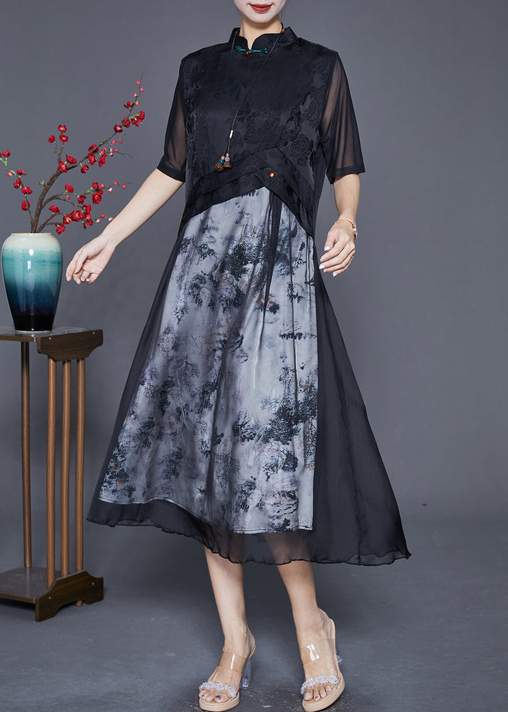 Elegant Black Mandarin Collar Patchwork Print Chiffon Dresses Summer