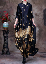 Elegant Black Mandarin Collar Print Silk Long Dress Gown Long Sleeve