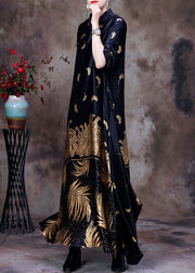 Elegant Black Mandarin Collar Print Silk Long Dress Gown Long Sleeve