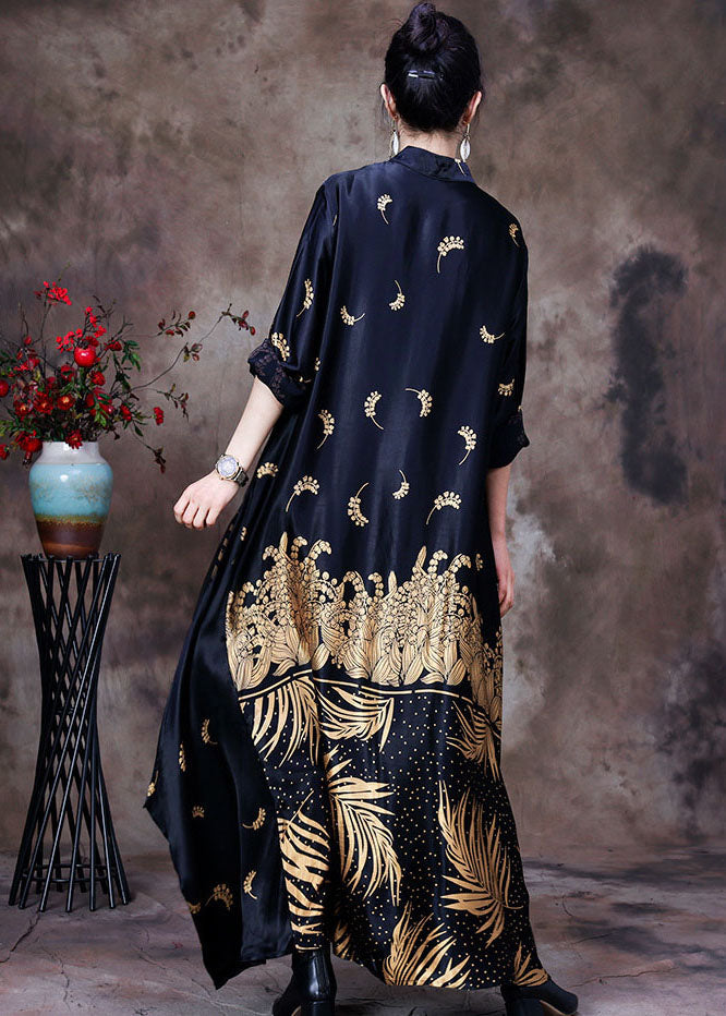 Elegant Black Mandarin Collar Print Silk Long Dress Gown Long Sleeve