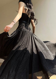 Elegant Black Nail Bead Patchwork Chiffon Spaghetti Strap Dress Sleeveless