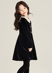 Elegant Black Nail Bead Patchwork Silk Velour Girls Holiday Mid Dress Spring