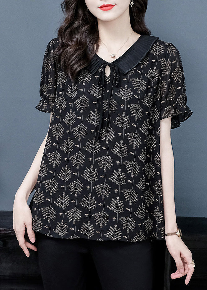 Elegant Black Neck Tie Print Chiffon Top Short Sleeve