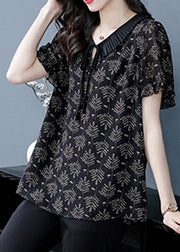 Elegant Black Neck Tie Print Chiffon Top Short Sleeve