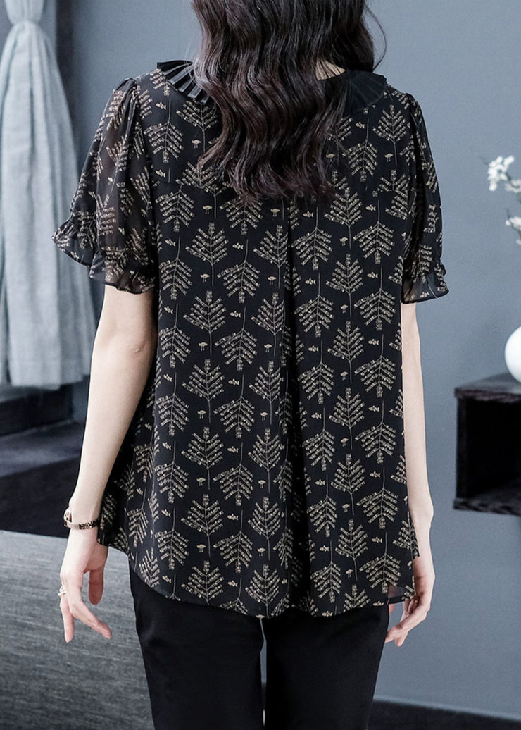 Elegant Black Neck Tie Print Chiffon Top Short Sleeve