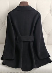 Elegant Black Notched Solid Woolen Coats Fall