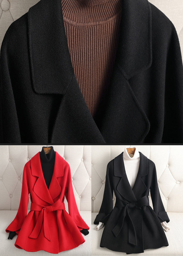 Elegant Black Notched Solid Woolen Coats Fall