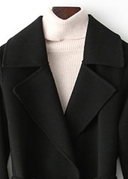 Elegant Black Notched Tie Waist Solid Woolen Long Coats Fall