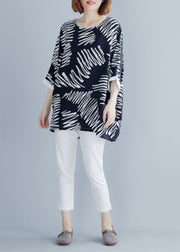 Elegant Black O-Neck Asymmetrical Print Cotton Shirt Top Summer