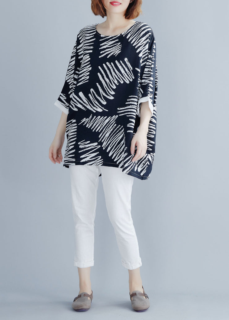 Elegant Black O-Neck Asymmetrical Print Cotton Shirt Top Summer