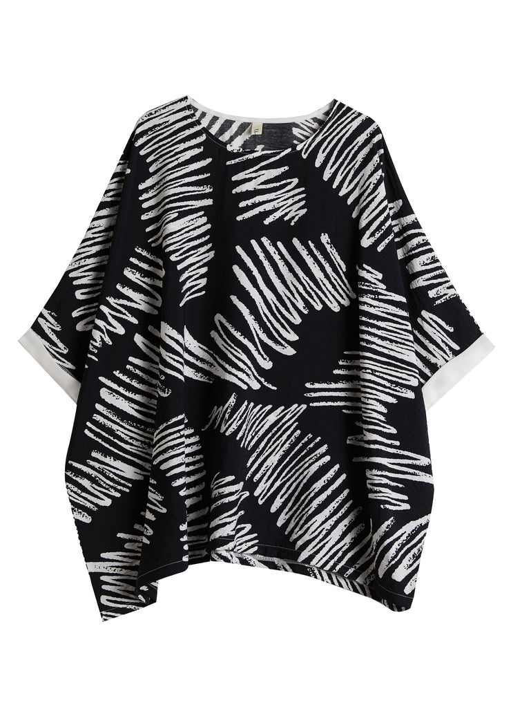 Elegant Black O-Neck Asymmetrical Print Cotton Shirt Top Summer