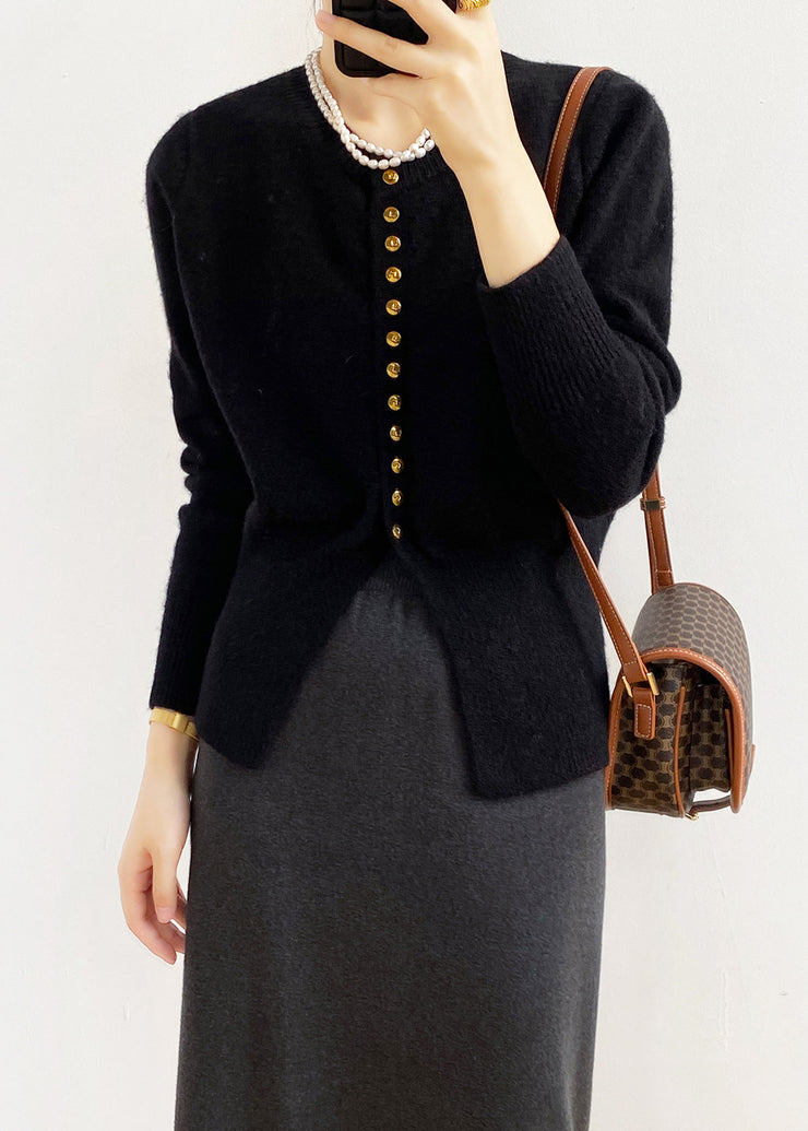 Elegant Black O Neck Button Fitted Knit Cardigan Spring