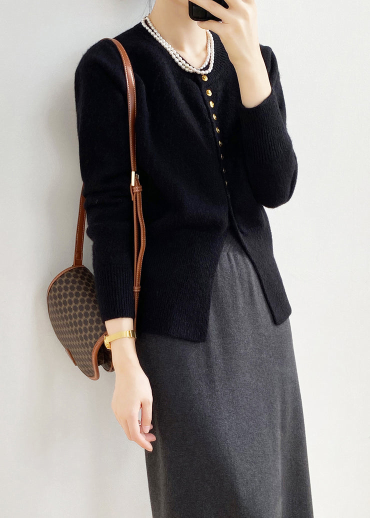 Elegant Black O Neck Button Fitted Knit Cardigan Spring