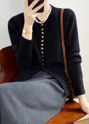 Elegant Black O Neck Button Fitted Knit Cardigan Fall