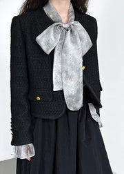 Elegant Black O-Neck Button Woolen Coat Long Sleeve