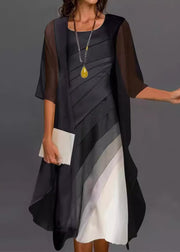 Elegant Black O-Neck Cardigans And Dress Two Pieces Set Half Sleeve