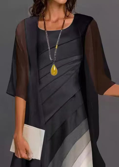 Elegant Black O-Neck Cardigans And Dress Two Pieces Set Half Sleeve