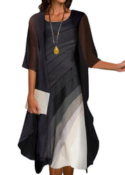 Elegant Black O-Neck Cardigans And Dress Two Pieces Set Half Sleeve