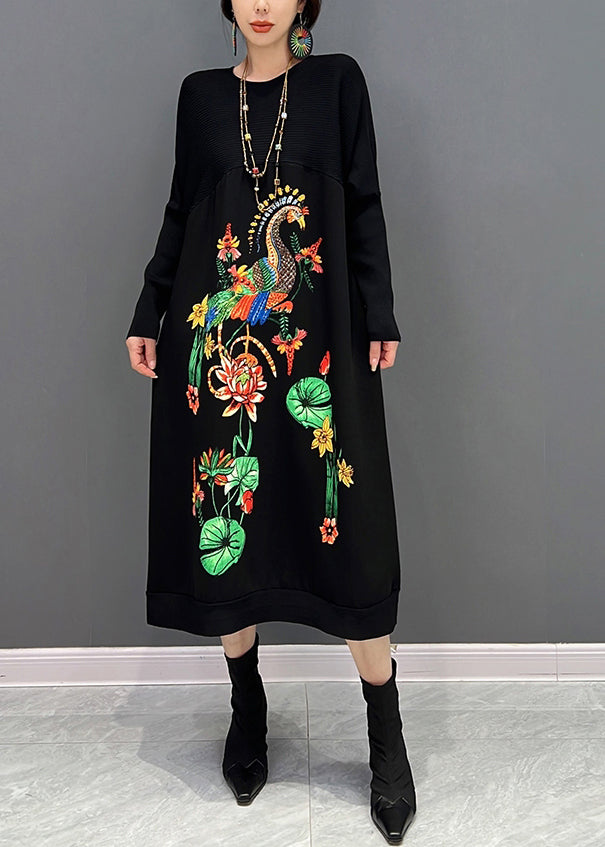 Elegant Black O-Neck Embroideried Knit Maxi Dress Fall