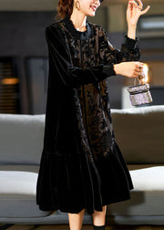 Elegant Black O-Neck Embroidered Patchwork Silk Velour Maxi Dress Long Sleeve