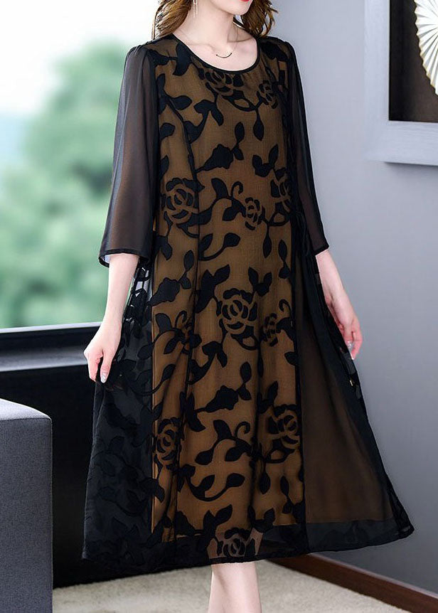 Elegant Black O-Neck Embroideried Patchwork Tulle Dresses Summer