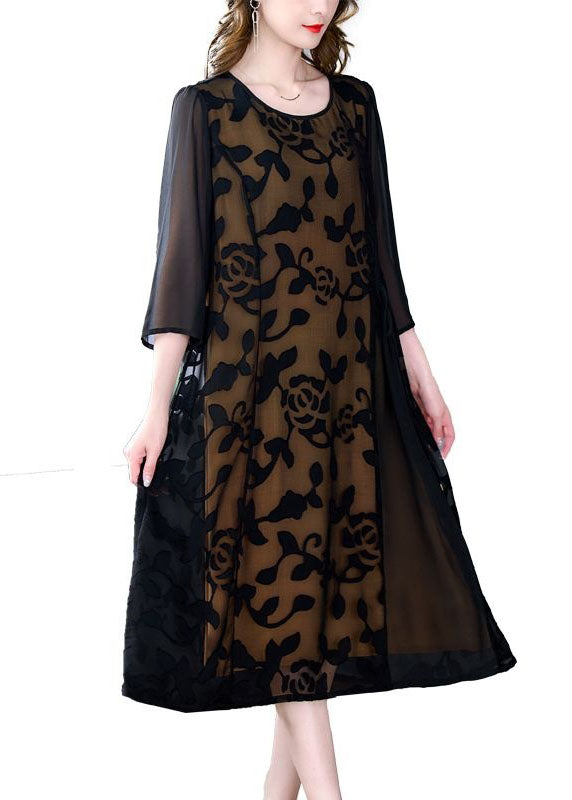 Elegant Black O-Neck Embroideried Patchwork Tulle Dresses Summer