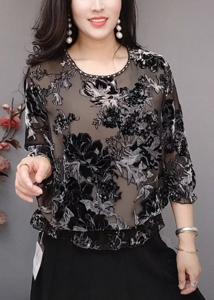 Elegant Black O Neck Loose Silk Velour T Shirts Bracelet Sleeve