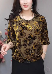 Elegant Black O Neck Loose Silk Velour T Shirts Bracelet Sleeve