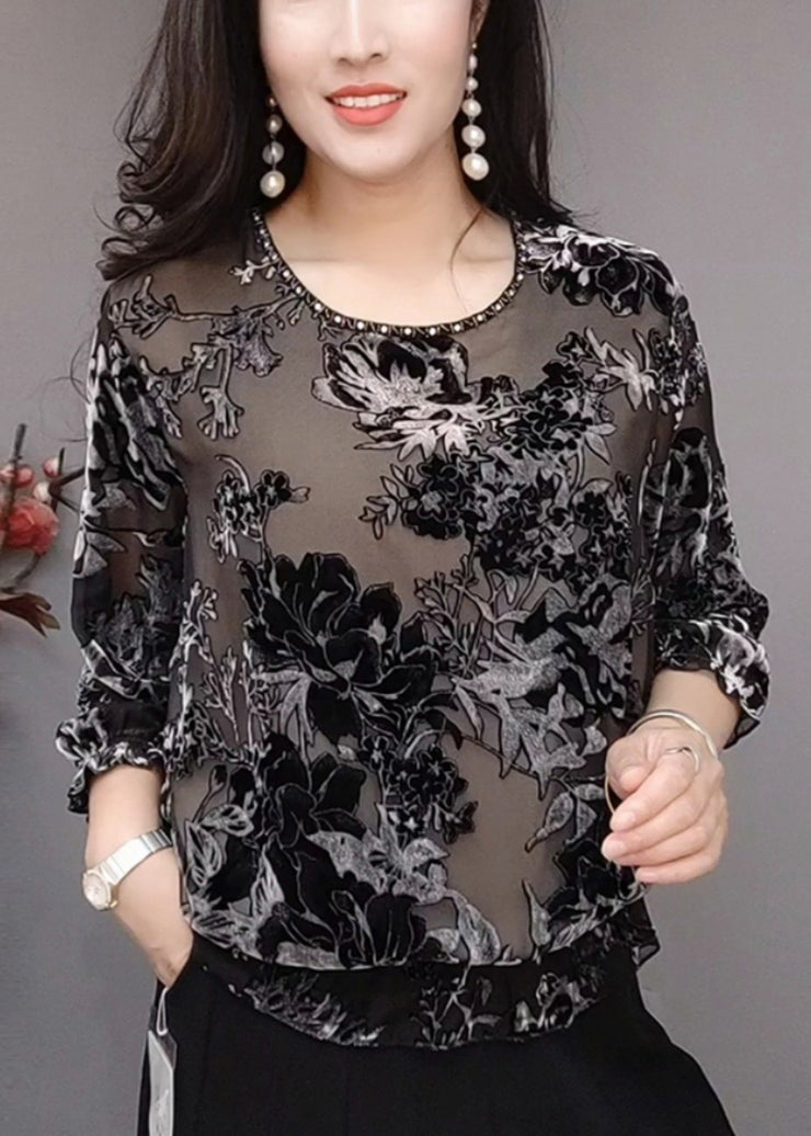 Elegant Black O Neck Loose Silk Velour T Shirts Bracelet Sleeve