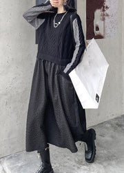 Elegant Black O-Neck Patchwork Knit Maxi Dresses Winter