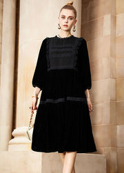 Elegant Black O-Neck Patchwork Silk Velour Holiday Maxi Dress Fall