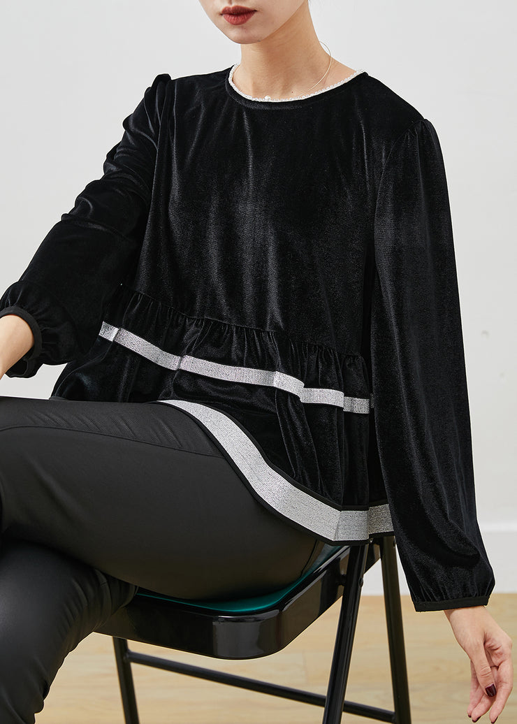Elegant Black O-Neck Patchwork Silk Velvet Sweatshirt Top Spring