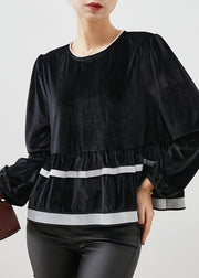 Elegant Black O-Neck Patchwork Silk Velvet Sweatshirt Top Spring